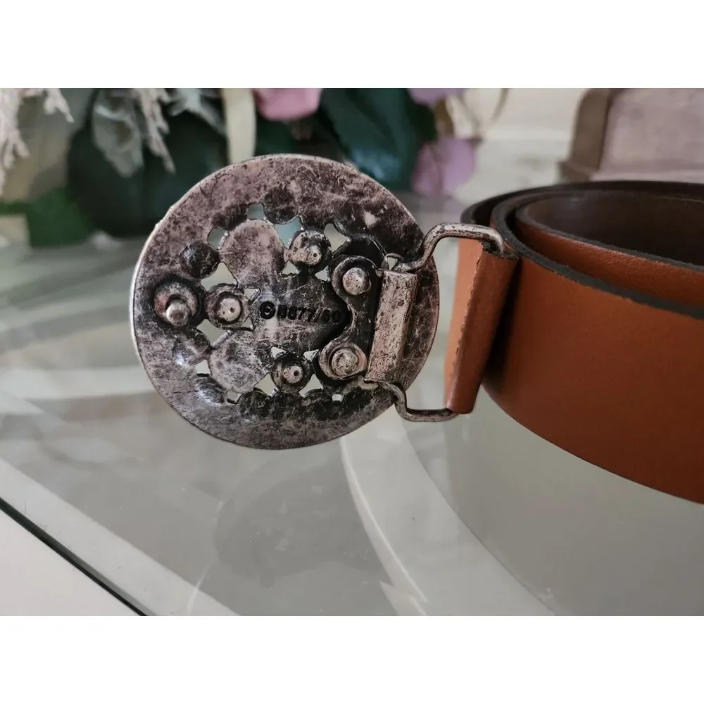 Olsen Women's Belt 100% Leather Tan Color‎ With Floral Medallion Buckle Size 6